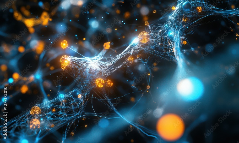 Aufkleber digital visualization of a glowing blockchain network, intricate nodes connected by vibrant blue and