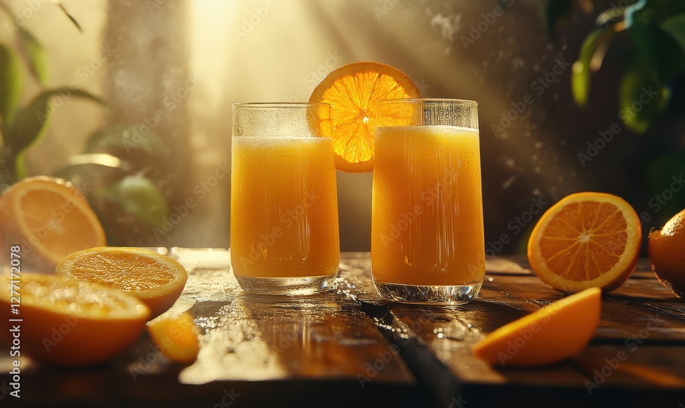 Poster freshly prepared orange juice in clear glasses placed on a rustic wooden table surrounded by fresh o