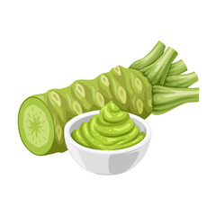 Illustration of wasabi root and wasabi paste in a small bowl, scientific name Eutrema japonicum, isolated on white background.