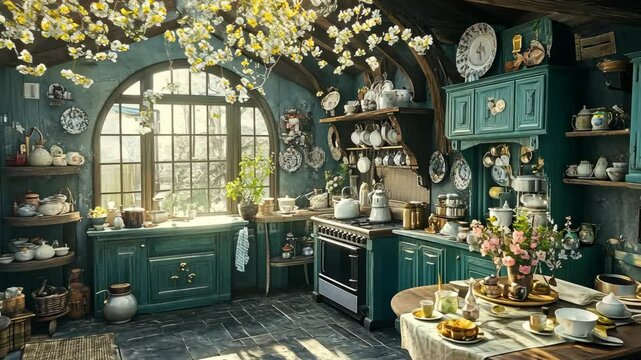 Cozy rustic kitchen with blue cabinets and vintage decor illuminated by sunlight in the afternoon