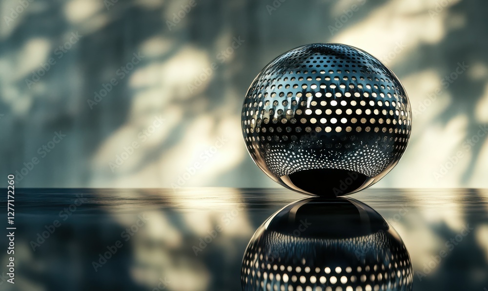 Poster elegant sparkling disco ball reflecting intricate light patterns, styled on a sleek reflective surfa