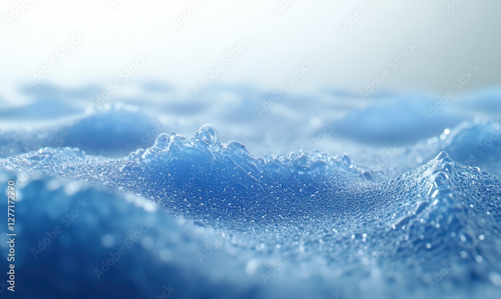Poster frosted condensation droplets resting on a smooth blue surface, soft lighting creating a refreshing 