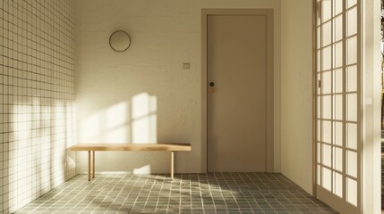Empty room with a tiled floor and white walls. on the left side of the image, there is a wall with a grid-like pattern of white tiles.
