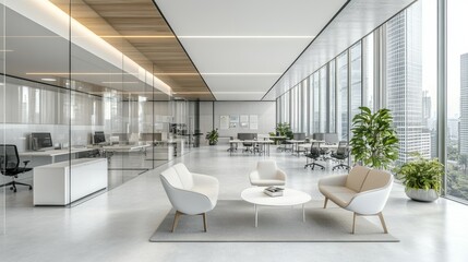 Modern office interior with glass walls and minimalist decor in a cityscape view during daylight