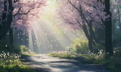 Gentle sunlight streaming through delicate cherry blossoms, creating a peaceful and serene spring-inspired scene