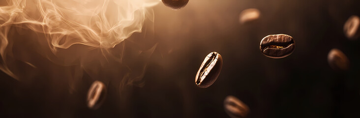 Aromatic Dance of Coffee Beans: A dynamic shot captures the allure of roasted coffee beans suspended mid-air, surrounded by wisps of fragrant steam and a warm, inviting glow.