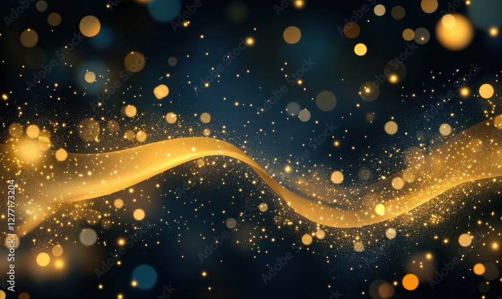Poster glittering golden particles swirling dynamically against a deep background, glowing softly to create