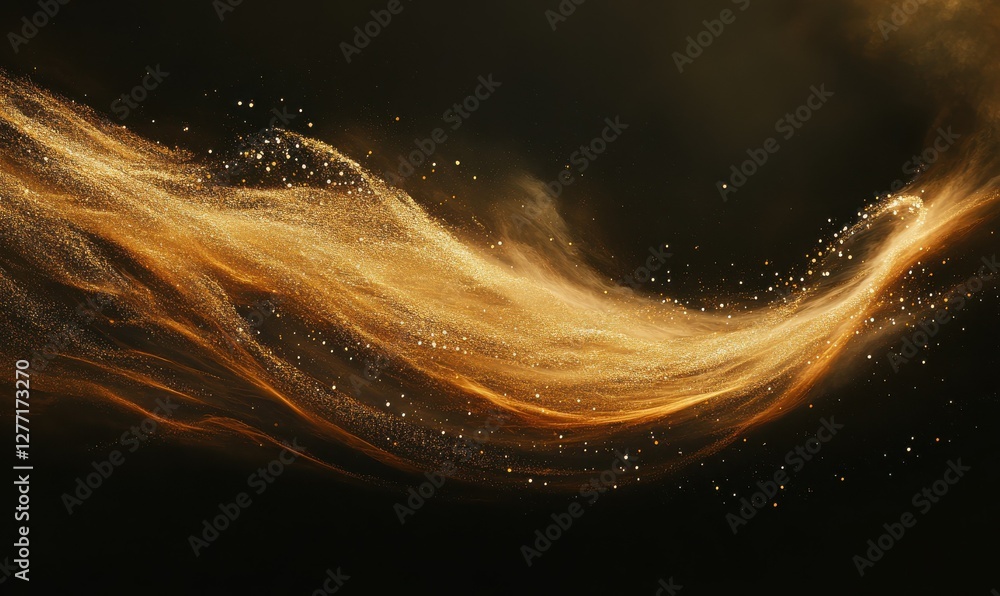 Poster glittering golden particles swirling dynamically against a dark backdrop, creating a sense of motion