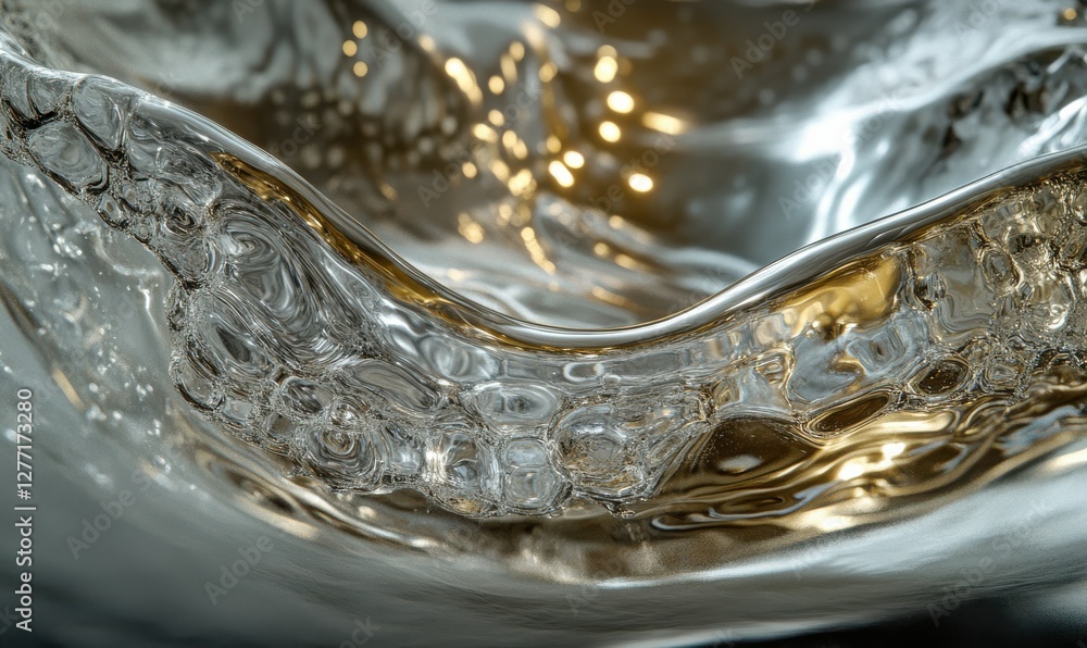 Poster glossy metallic waves of liquid silver flowing smoothly with intricate highlights and deep shadows, 