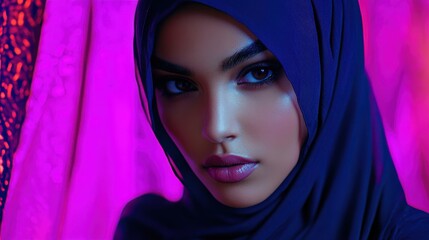 Naklejka premium Portrait of a Young Woman in Hijab with Vibrant Background Colors
