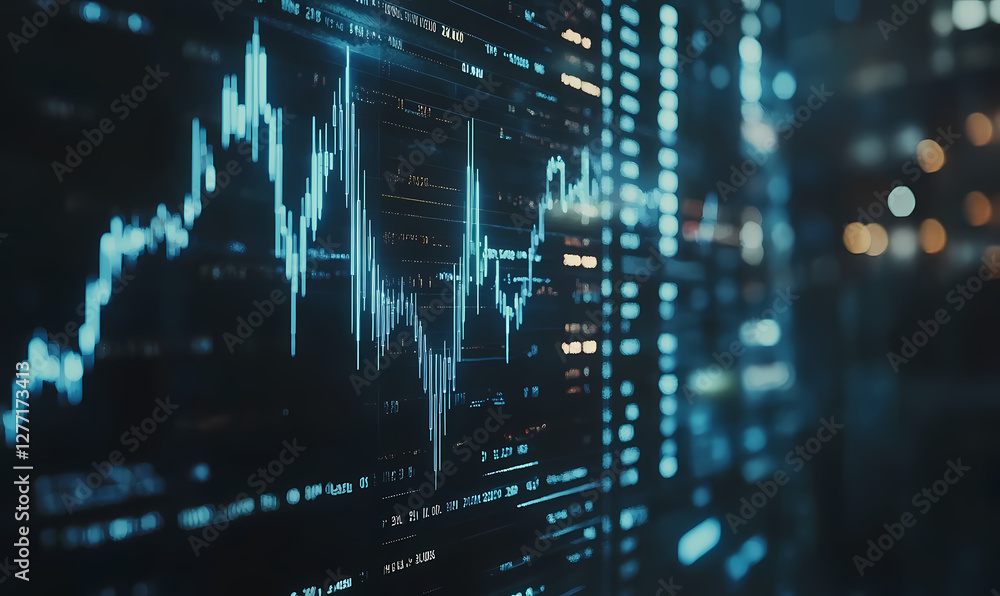 Poster financial data display: an intricate display of financial data, presented on a large digital screen,