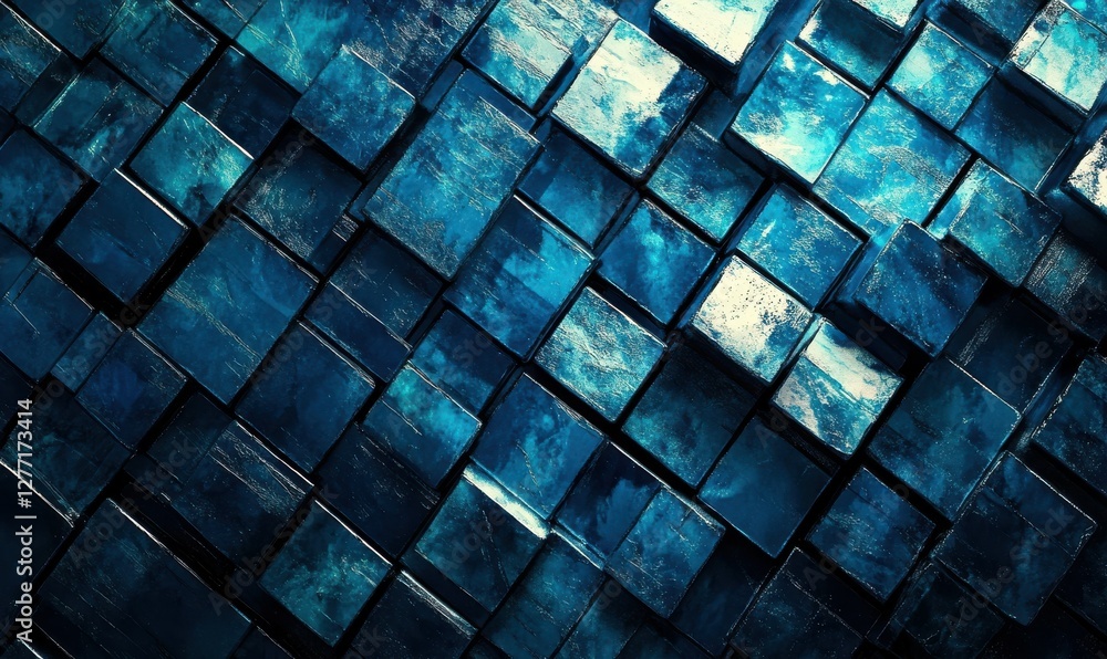 Poster glowing digital cube patterns in shades of blue, symbolizing futuristic technology and innovation.
