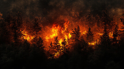 Raging wildfire consuming a dense forest with thick smoke and intense flames, symbolizing environmental destruction and climate change.

