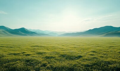 Obraz premium Expansive green meadow glowing under warm sunlight, with soft shadows and vibrant natural textures creating a tranquil outdoor scene,