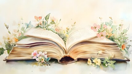 Serene Watercolor Open Book with Delicate Floral Embellishments
