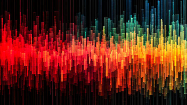 Abstract futuristic soundwave spectrogram with colorful pixelated bars