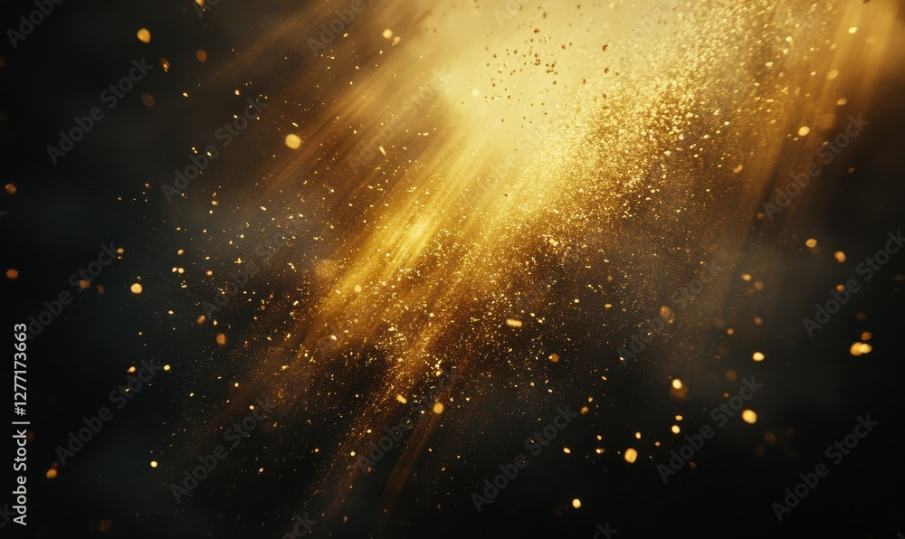 Aufkleber glowing golden light rays breaking through a dark background, with scattered shimmering particles cr