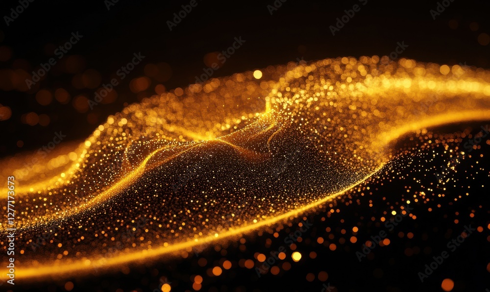 Poster glowing digital particles swirling together to form a dynamic abstract shape, symbolizing innovation