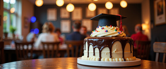 Graduation cake adorned with a graduation cap and colorful sprinkles, representing celebration and achievement, positioned on a table in a lively café setting