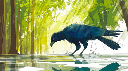 Stylized illustration of a blue crow drinking water in a sunlit forest
