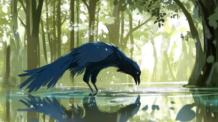Stylized illustration of a black crow drinking water in a forest