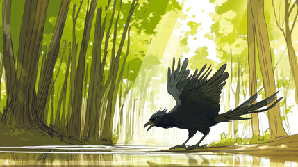 Stylized illustration of a black crow spreading wings near water in a forest