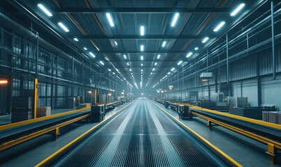 Fototapeta premium Factory interior with long conveyor belts, bright ceiling lights, and metal structures creating a futuristic industrial atmosphere.