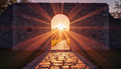 Esoteric light beams shining through ancient stone archway, mysticism