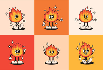Set of groovy fire characters. Flat vector illustration.
