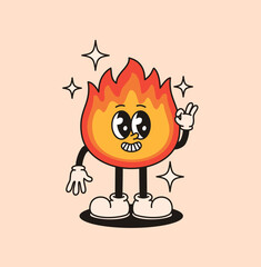 Cute groovy fire character. Flat vector illustration.