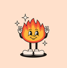 Groovy retro character fire. Flat vector illustration.