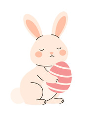 Cute Easter bunny with an egg in his paws. Flat vector illustration.