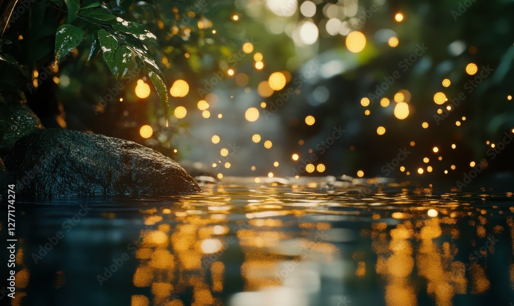 Poster golden shimmering bokeh lights floating against a soft background, creating a dreamy and magical atm
