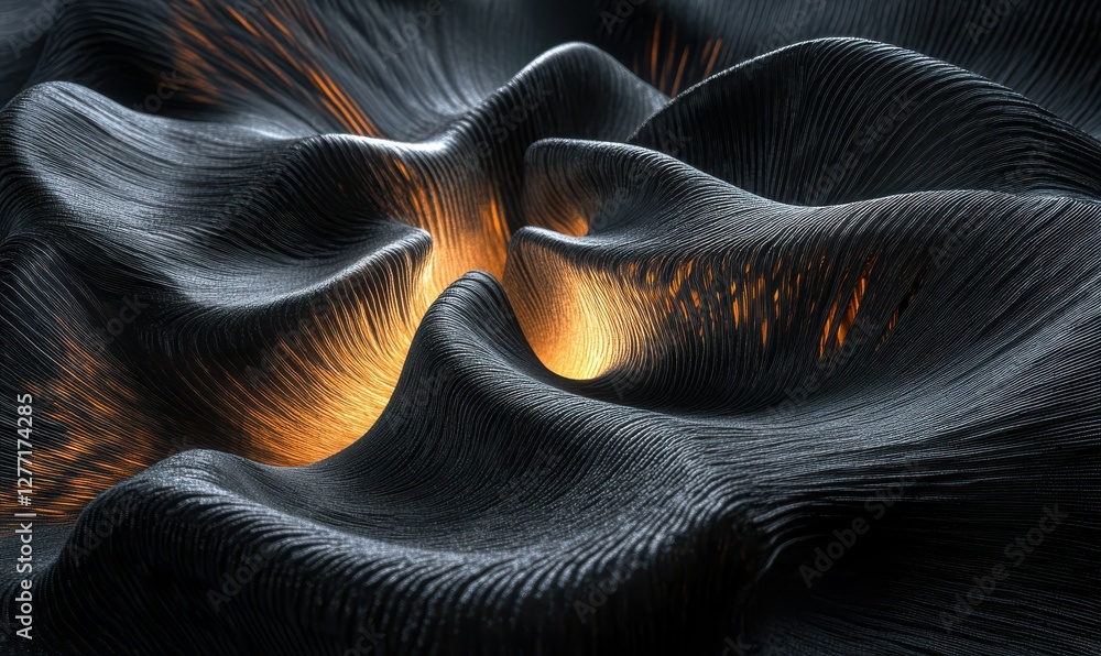 Poster flowing black silk fabric with intricate folds illuminated by subtle light, creating a bold and soph