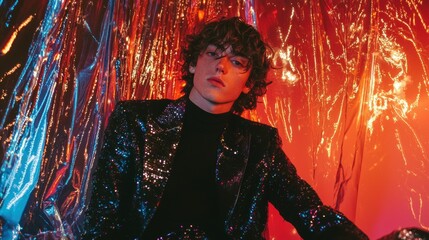 Portrait of a young man with curly hair. he is wearing a black sequin jacket and a black turtle neck sweater. the background is filled with colorful streamers in shades of red, orange, and blue.