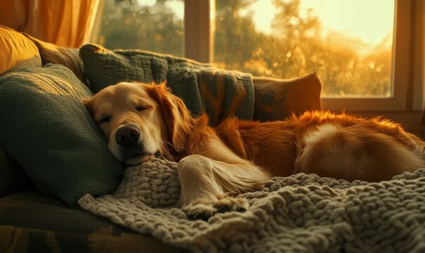 Golden retriever lying peacefully on a couch, surrounded by soft pillows and blankets, with golden evening light pouring through the windo