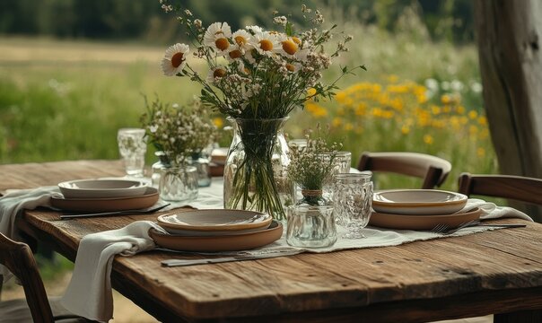 Outdoor rustic table set with flowers and dining essentials beautifully.