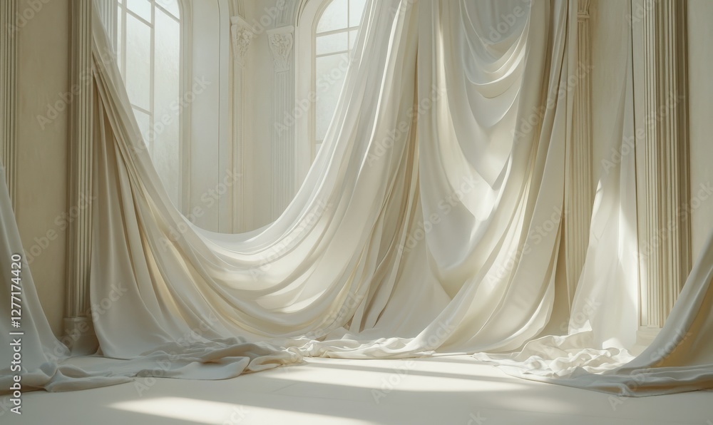 Aufkleber flowing white fabric draped elegantly in soft folds, illuminated by subtle natural light creating a 