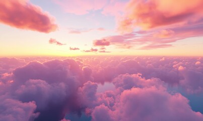Fluffy white clouds illuminated by a soft pink sunset, vibrant colors blending seamlessly into the sky creating a peaceful evening scene