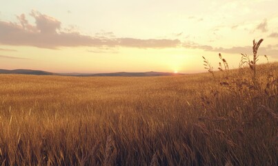 Obraz premium Golden wheat fields bathed in the warm glow of sunset, the horizon blending into soft pastel skies, a serene rural landscape with rich agricultural textures,