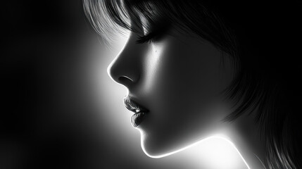 Fototapeta premium An artistic black-and-white close-up of a young woman's profile, her face partially illuminated by a soft, dramatic light