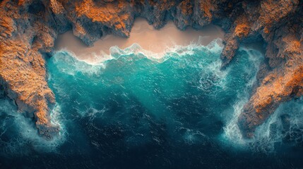 Aerial view of ocean waves crashing into a rocky cove