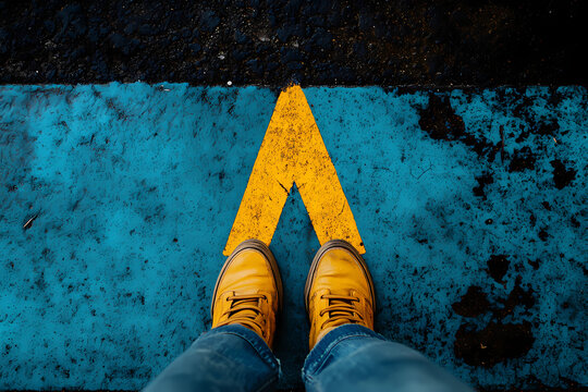 Step into the Zone: A striking overhead shot captures a person's feet, clad in bold yellow footwear, standing directly within a bright yellow arrow symbol painted on a vibrant blue surface.