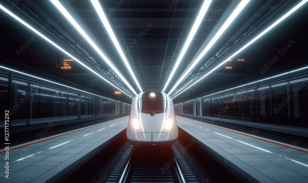 Poster high-speed train passing through a modern railway station, with bright overhead lights creating a dy