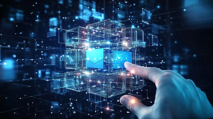 Abstract virtual blockchain technology concept of a hand of businessman finger touching at virtual reality glowing blue smart blockchain cube, data flow on a background, digital blocks