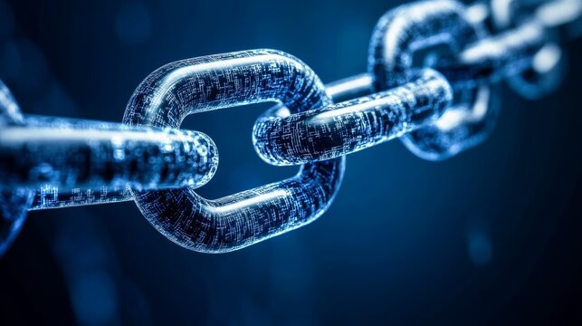 Digital chain links representing blockchain technology with blue background for futuristic themes
