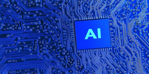 Detailed close-up of a circuit board featuring AI chip on a vibrant blue background