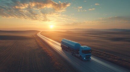 Fototapeta premium Truck driving along a winding road at sunset in an expansive rural landscape