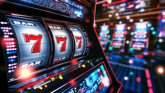 A dynamic, glowing slot machine screen, with large golden  symbols, sparkles, and shimmering casino bar icons. The background pulses with neon blues, reds, and purples, capturin