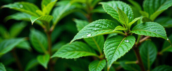 Fototapeta premium Lush green leaves adorned with water droplets evoking a fresh and rejuvenating atmosphere, illustrating nature's beauty amid a blurred dark background
